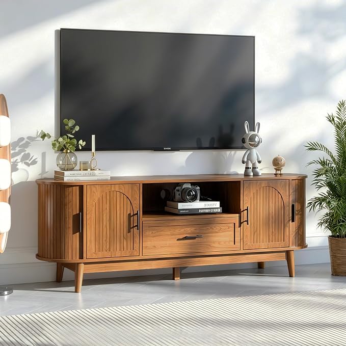 Mxtxmy 63" Fluted TV Stand for Tvs up to 70", Mid-Century Modern Entertainment Center with Drawers and Fluted Doors, Curved TV Media Console Table with Sliding Doors for Living Room, Bedroom (63") by Mxtxmy