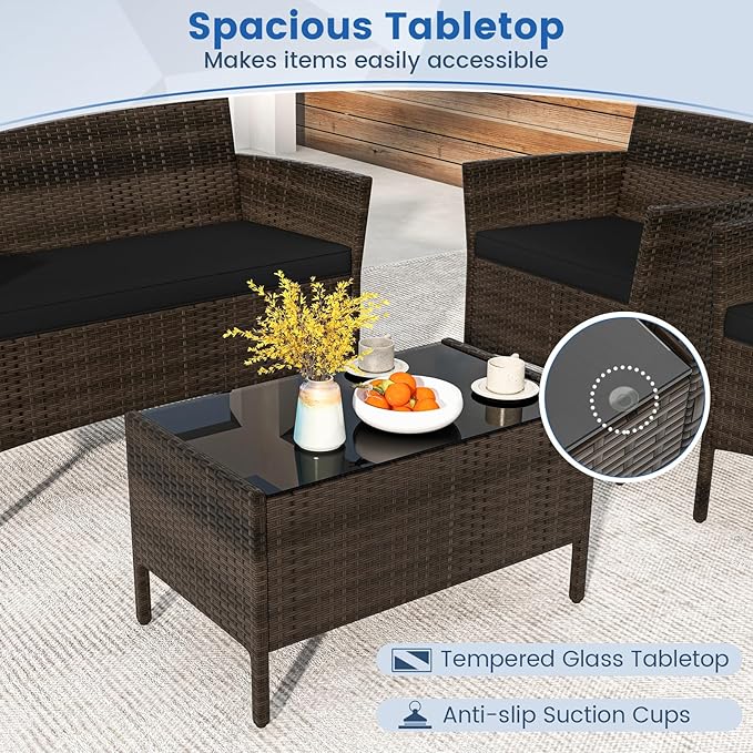 DORTALA Wicker Patio Furniture Set 4 Piece, Outdoor PE Rattan Table & Chairs Set with Tempered Glass Coffee Table, Loveseat, Cushions, Conversation Set for Balcony, Porch, Backyard, Deck, Black