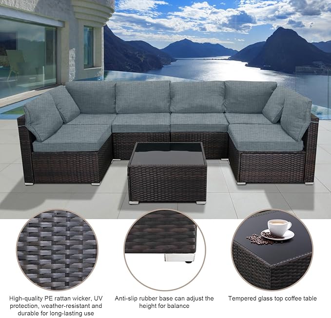 CHABATREE 7 Pieces Outdoor Patio Furniture Sets,Rattan Conversation Sectional Set,Manual Weaving Wicker Patio Sofa with Tea Table
