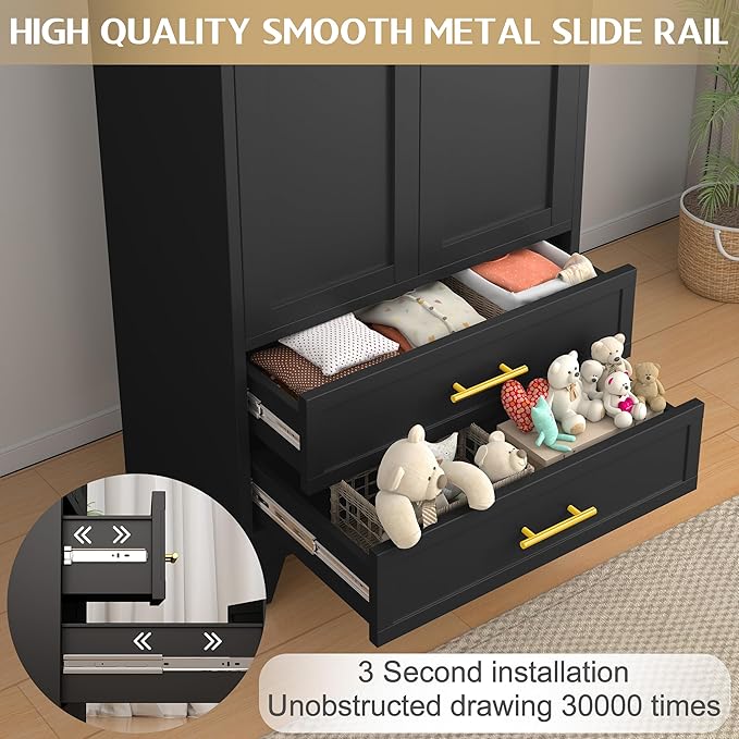 GAIOUS Steel Armoire Wardrobe Closet, 71" Metal Clothing Storage Cabinets with 2 Doors, 1 Adjustable Shelf and 2 Drawers, Metal Wardrobe Cabinet with Hanging Rod for Bedroom, Gym, Cloak Room (Black)