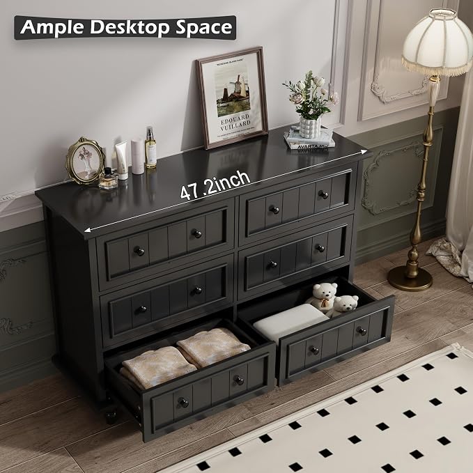 Scurrty 6 Drawer Dresser, Antique Chest of Drawers, Large Cabinet with Storage, Big Dresser for Clothes in Living Room, Bedroom (Black) - Image 5