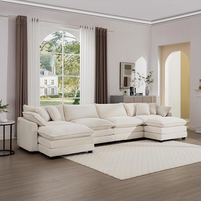 KEIKI 150" U-Shaped Oversized Corduroy Modular Sectional Sofa with 2 Ottoman, High-Density Foam Cushions, Removable Armrests, Upholstered 4-Seater Corner Couch with 6 Pillow, for Living Room, Beige