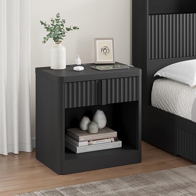 Fluted Dresser and Nightstand 3-Piece Bedroom Set, 49" Tall 6-Drawer Dresser and 2 of Nightstands with Charging Station, Curved Profile Design, Modern Bedroom Dressers Sets, Black