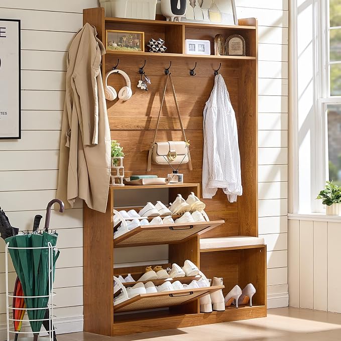 LEYAOYAO 78" Tall Boho Hall Tree with Bench & Shoe Storage, 4-in-1 Mudroom Coat Rack with 2 Flip Rattan Drawers & Cushioned Stool, Entryway Hall Tree Cabinet with 6 Hooks for Garage, Tea Brown by LEYAOYAO-Findtheshiningpointofyourideallife%EF%BC%81