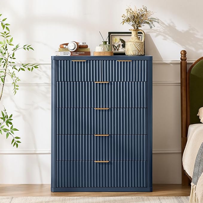 LEYAOYAO 42" Tall Fluted Dresser and 2 Drawers 23" Nightstand Set of 2, Wooden Dresser & Night Stand with Charging Station, 3 Piece Bedroom Furniture Set, Chest of Drawer for Living Room,Navy Blue