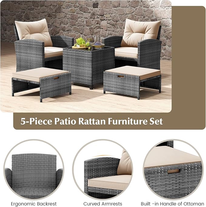 KOTEK 5 Pieces Patio Furniture Set with Ottomans, Wicker Patio Conversation Set with Coffee Table & Cushions, PE Rattan Outdoor Lounge Chairs for Backyard, Porch, Poolside (Mix Grey- Beige)