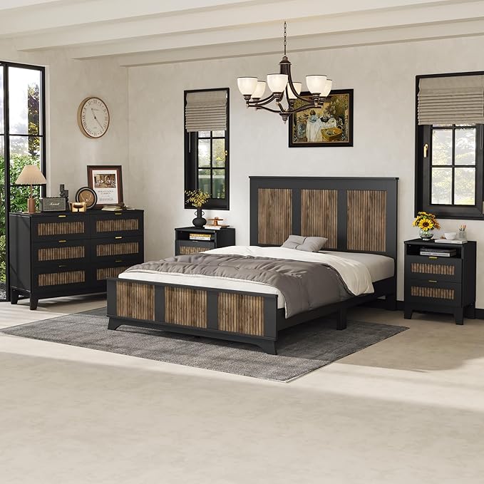 SOFTSEA Farmhouse 4 Piece Queen Size Bedroom Set with Dresser Night Stand, 2 Nightstands and Dresser, 4 Piece Bedroom Furniture Set, Black