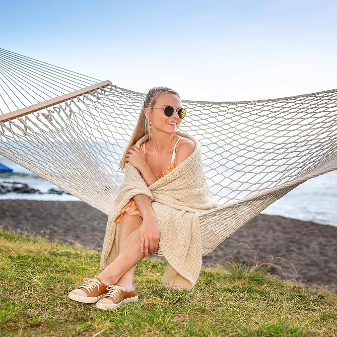 SUNCREAT Hammocks Traditional Rope Double Hammock with Hardwood Spreader Bar and Carrying Bag, 450 lbs Capacity, Natural - Image 6