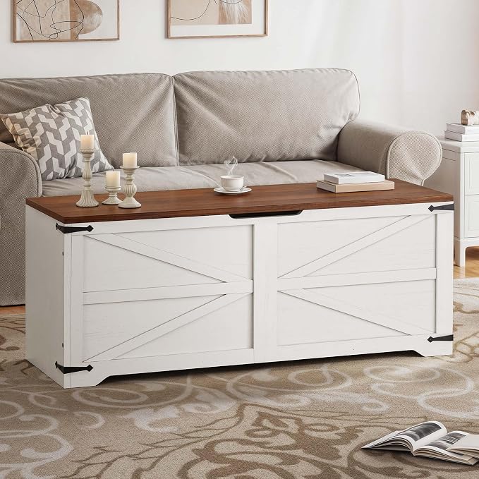 DWVO Storage Bench, 47.2" Farmhouse Storage Chest with 2 Safety Hinges, Wooden Utility Organizer, Shoe Bench for Entryway, Bedroom, Living Room, White and Walnut - Image 8