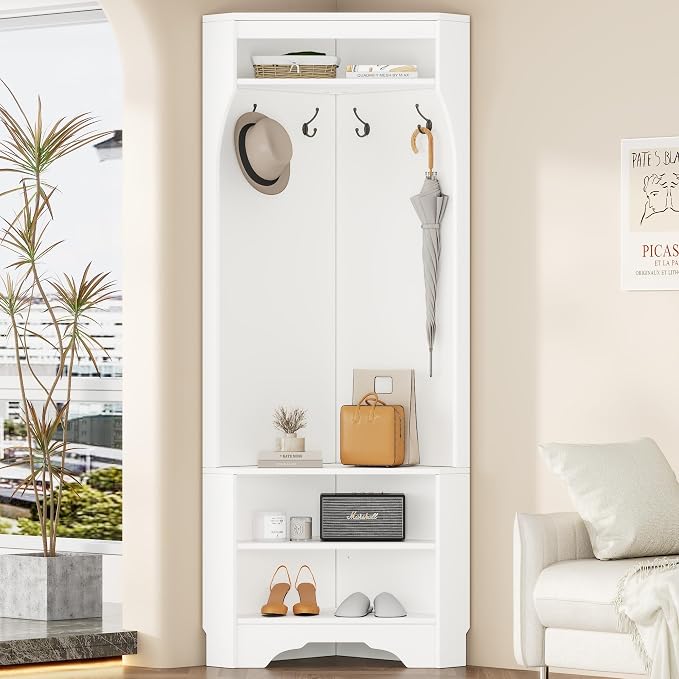 Harper & Bright Designs Minimalist Corner Hall Tree with Shoe Bench, Versatile Entryway Coat Rack with 4 Hooks, Corner Cabinet with Adjustable Shelf for Hallway, Living Room, White, 29.5''W*71.6''H by HarperBrightDesigns