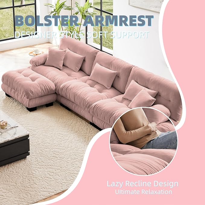 133.8" L-Shaped Cloud Couch, Oversized Modular Sectional Sofa, Deep Seat Cloud Boneless Couch, 3-Seat Modular Sectional Sofa with Ottoman or Living Room,Bedroom and Apartment, Pink