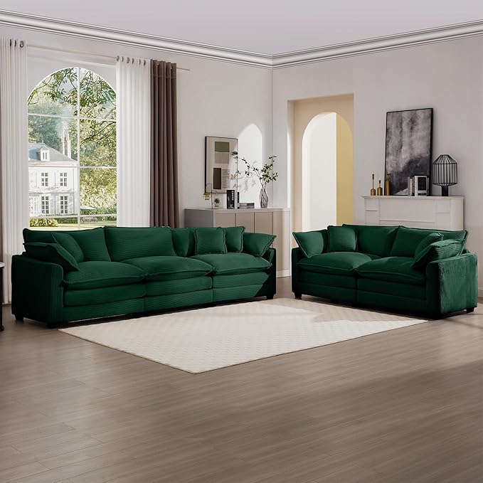 KEIKI 2-Piece Sofa Set with 1 Oversized Corduroy 3-Seater Sofa & 1 Loveseat Sofa, Upholstered 5-Seater Couch Set with 9 Pillow, High-Density Foam Cushions, Removable Armrests, for Living Room, Green
