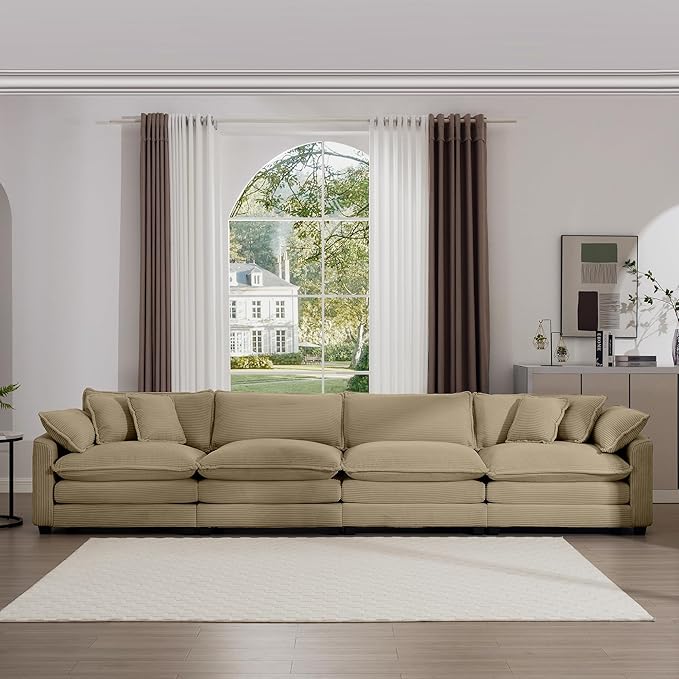 KEIKI 150" Oversized Corduroy Modular Sectional Cloud Sofa with High-Density Foam Cushions, Removable Armrests, Upholstered Modern 4-Seater Fluffy Corner Couch with 6 Pillow, for Living Room, Tan