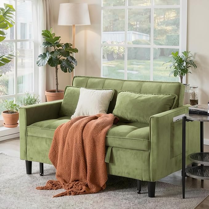 3 in 1 Convertible Sofa Bed, Love Seat Sleeper Bed with Side Pockets, Velvet Fabric Pull Out Couch with Adjustable Backrest for Living Room, Bedroom, Apartment, Olive Green