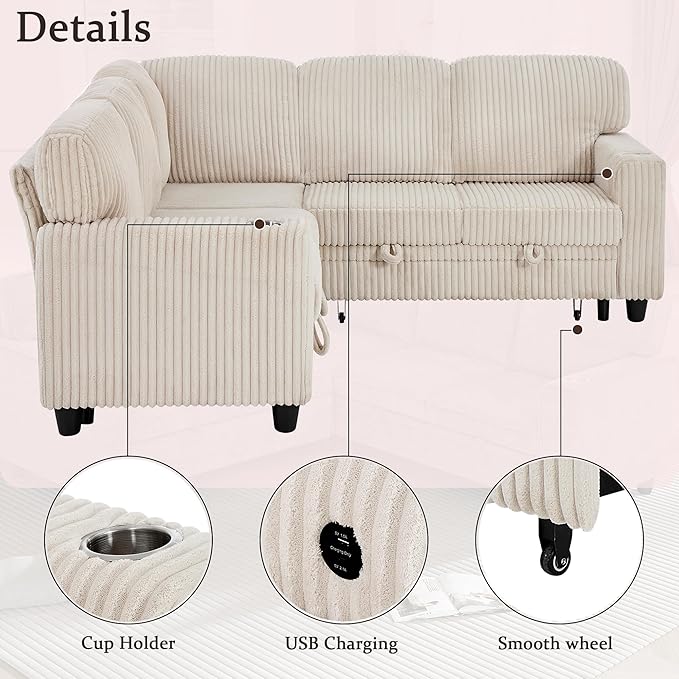 81" Modular Sectional Sofa, L-Shaped Convertible Sectional Sleeper Sofa Bed with Pull Out Bed, Storage Chaise, USB & Type-C Charging, 5-Seat Corduroy Couch for Living Room Apartment, Beige