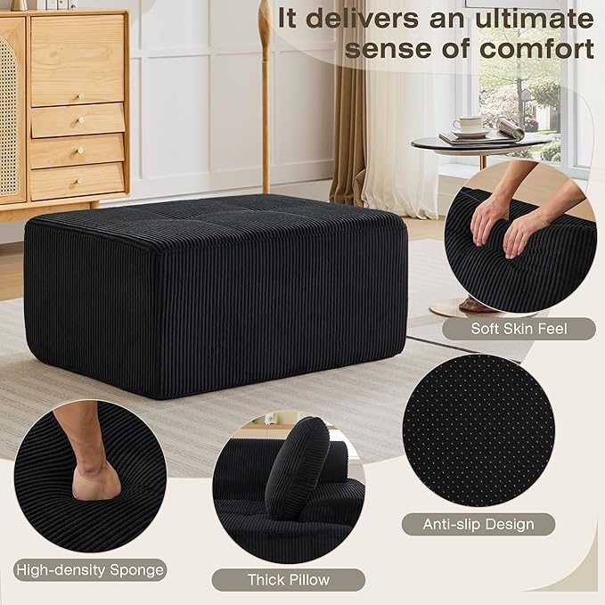 Modular Sectional Sofa, Boneless Couches for Living Room, Corduroy Couch, Big Comfy Couch, Modular Cloud Sofa with Deep Seat (Black, 1 Piece-Ottoman)