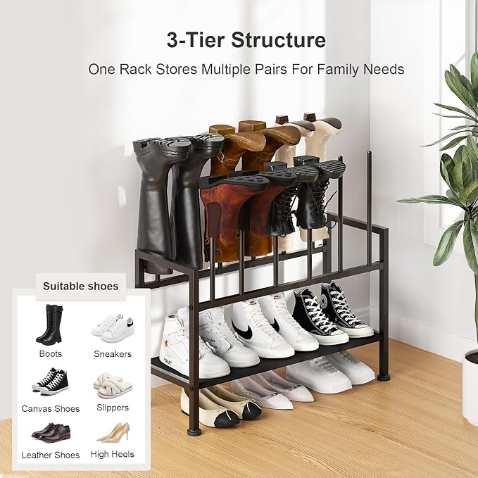 DIMJ Free Standing Shoe Racks - 3-Tier Boot Rack, Black Metal Storage Organizer for Tall Boots, Sneakers, Closet Organizer, Multiuse Shoe Rack, Fits 6 Pairs - Image 3