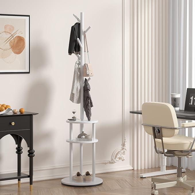 VECELO Coat Rack Freestanding, Entryway Hanger Stand, Umbrella Holder, Hall Tree With Hooks, Floor Standing Metal Tree Stand,White - Image 2