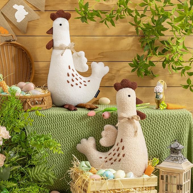 Phantoscope Chicken Shaped Throw Pillow, Soft Teddy Sherpa Hen Pillow with Ribbon, Decorative Easter Chicken Pillow with Wings Cockscomb Feet for Living Room Bedroom, Beige, 29x15 inches