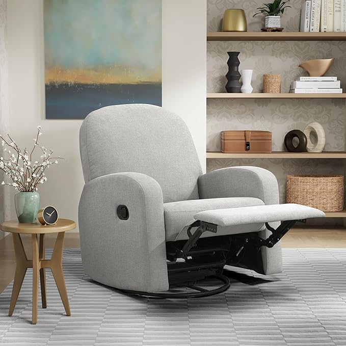Palmdale 37.4" Swivel Rocker Manual Pull-Handle Recliner, Soft Modern, Pocket Coil Comfort, Black Metal Swivel Base Leg, Soft Chenille Fabric, Light Gray