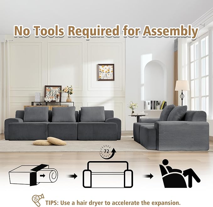 KIGOTY Modular Sectional Sofa Set, 5 Pcs Comfy Cloud Sectional Couch with Deep Seat, Modern Boneless Couch for Living Room, No Assembly Required,Grey