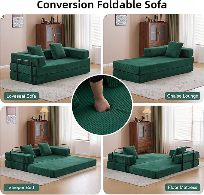 Convertible Floor Sofa Bed, Fold Out Floor Couch with Pillow Back & Armrest, Compressed Couch with Fixed-Shape Frame, Corduroy Foldable Sleeper Sofa Bed for Living Room Bedroom, Dark Green