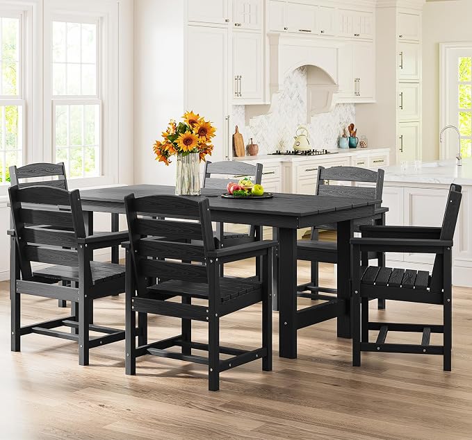 SERWALL 7-Piece Patio Dining Table Sets, Outdoor HDPE Dining Furniture Set with Umbrella Hole Cut-Out Table and 6 Chairs, Black - Image 7