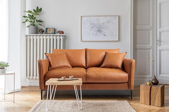 Valencia Jasper Cognac Tan Brown 60" Loveseat Full Leather Couch | Mid Century Leather Sofa with 2 Pillows for Living Room Furniture | Plush Cushions, Nappa Leather Lounge Couch