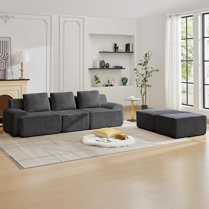 Modular Sectional Sofa with Movable Ottoman, 3 Seat Deep Seat Couch with 3 Pillows, Comfy Cloud Sectional Sofa for Living Room, Bedroom and Apartment (Grey, 1 Left+1 Right+1 Middle+2 Ottoman)