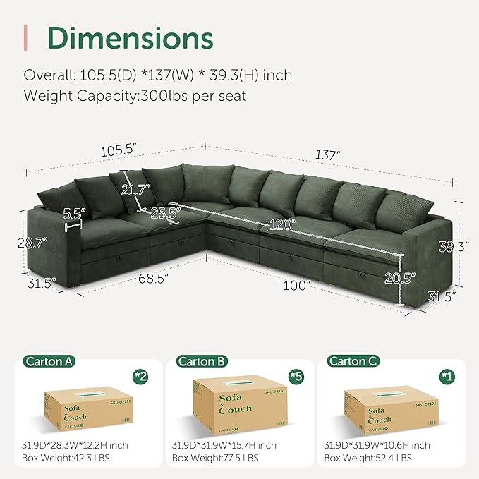 HONBAY Modular Sectional Sofa, 6 Seaters Corduroy Sectional Couch, L Shaped Couch with Storage & Pillows, Green