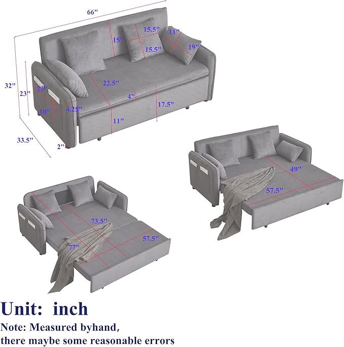Ball & Cast 66" Convertible Sofa Bed,3-in-1 Corduroy Loveseat Sleeper Pull Out Couch Bed with Pillows and Side Pockets, Deep Seat Comfy Sofa Couches for Living Room,Apartment,Dark Grey