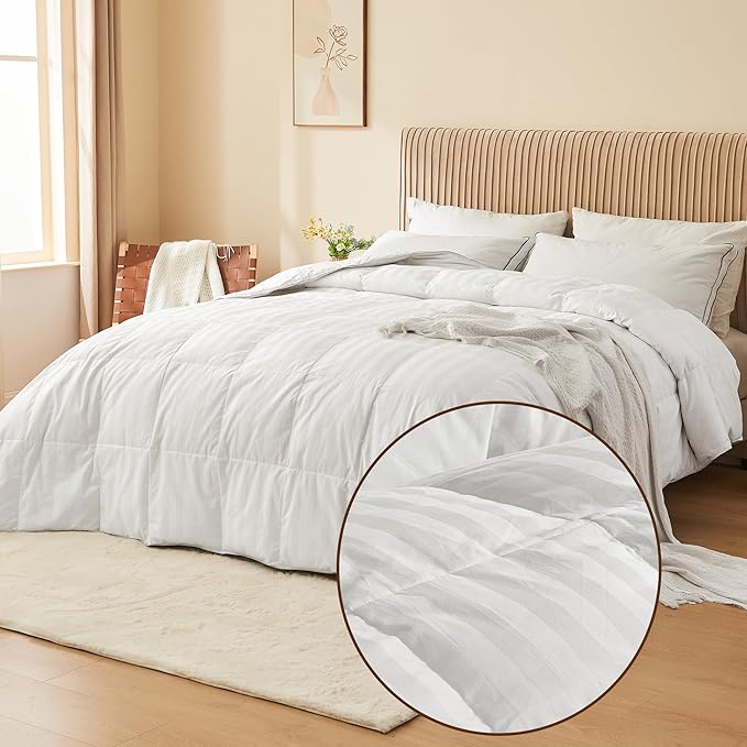 puredown® Goose Feather Down Comforter Twin Size - All Season Duvet Insert, Ultra Fluffy Soft Cotton Shell Cover Luxurious Hotel Collection Comforters 500 Thread with Ties, (Stripe White, 68x90'')