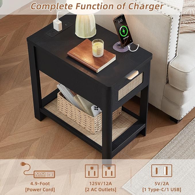 Lerliuo Narrow Night Stand Set of 2 with Charging Station, Boho Nightstand with Drawer, Bed Side End Table with Rattan Shelf for Small Spaces, Wood Nightstands Bedside Tables for Living Room Bedroom - Image 9