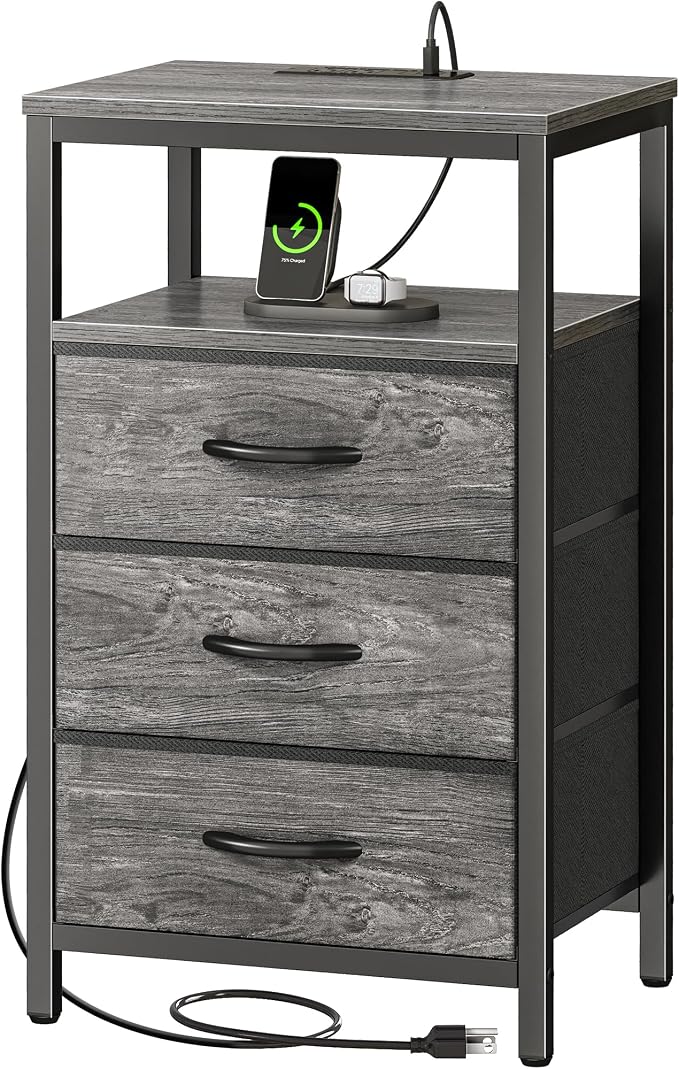 Huuger Nightstand with Charging Station, 27.6 Inch End Table Bedside Table with USB Ports and Outlets, Night Stand for Bedroom, Fabric Drawers, Grey by Huuger
