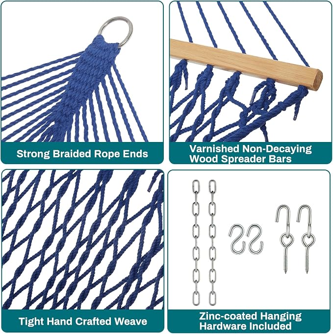 JoyView Traditional Rope Double Hammock - Hand Woven Cotton Hammock with Hardwood Spreader Bar and Pillow 450lb Capacity for Outdoor Indoor Patio Yard - Blue - Image 5