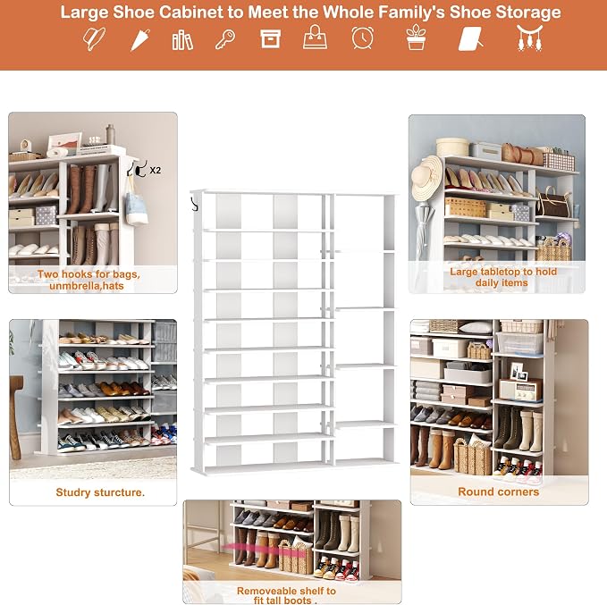 HOMEFORT 10 Tiers Shoe Rack, 50 Pairs Large Shoe Shelf, 61.8" Tall Shoe Tower, Freestanding Shoe Rack Organizer with Open Shelves, Wood Shoe Stand for Boot Storage, for Closet, Entryway, White - Image 6