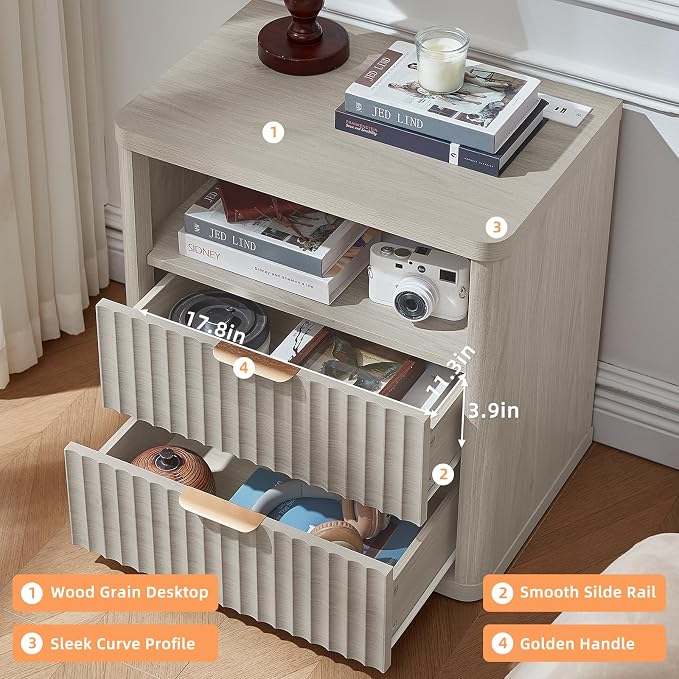 LEYAOYAO Fluted Farmhouse Nightstand Set of 2 with Charging Station, 23" Wide 2 Drawers Night Stand,LightGrey Dresser for Bedroom,Bed Side Table Chest of Drawers,Wood End Table for Living Room - Image 2
