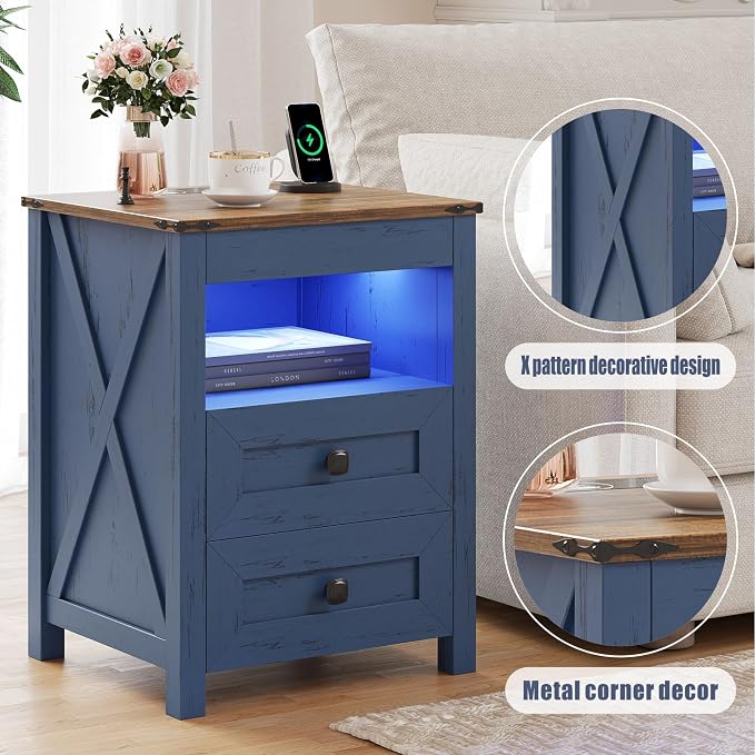 TAGELIER Farmhous Nightstand with Gun Drawer,Bedside Table with Charging Station, Gun Night Stand with LED Light & Human Sensor,Smart End Table for Bedroom, Blue - Image 7