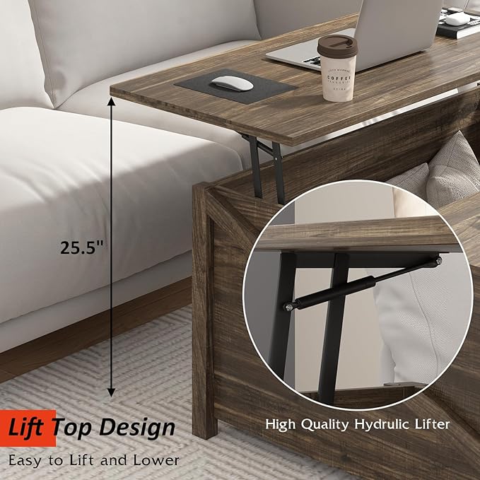 PUKAMI Lift Top Coffee Table with Storage, 31.5" Farmhouse Coffee Table for Living Room, Square Coffee Tables with Large Hidden Storage and Sliding Barn Doors, Brown
