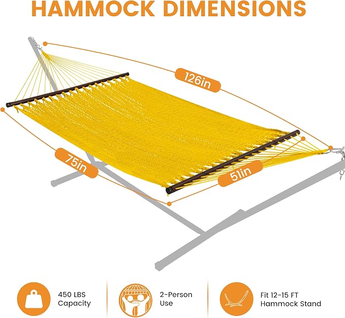 Lazy Daze Hammocks 10.5 FT Double 2 Person Caribbean Rope Hammock, Hand Woven Polyester Hammock with Spreader Bars, for Outside Outdoor Backyard Patio Poolside, 450 LBS Capacity, Yellow - Image 6