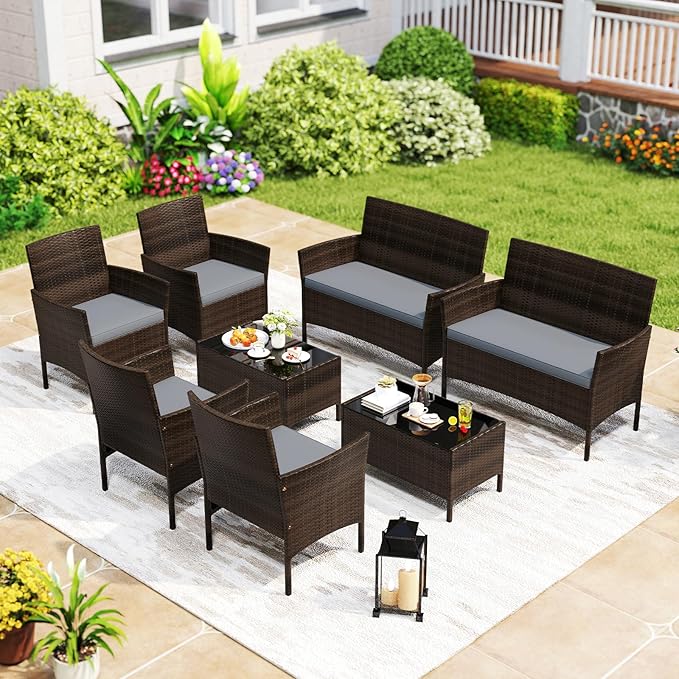 S AFSTAR 4 Pieces Patio Rattan Conversation Set, Patio PE Outdoor Set w/Tempered Glass Coffee Table, Loveseat & Chairs, Zippered Gray Cushions, Wicker Patio Sofa Set for Backyard, Garden & Poolside