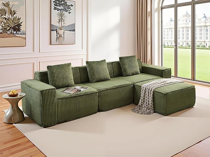 L-Shaped Corner Corduroy Sectional Sofa 4 Seat Modular Boneless Sofa Foam Cloud Couch with Movable Ottoman and Toss Pillows,Modern Deep Seat Convertible Chaise Sofa