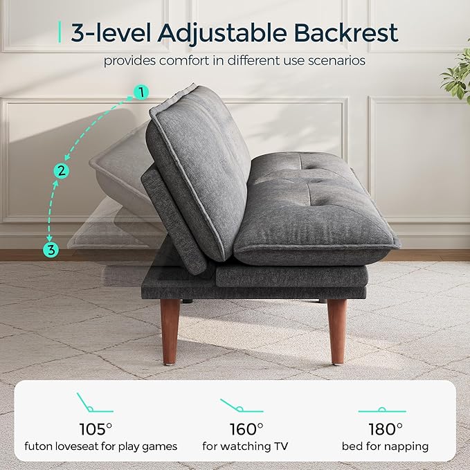 LINSY HOME Futon Sofa Bed, 70" Chenille Futon Couch with Adjustable Backrest Armrest, 3 in 1 Convertible Comfy Loveseat Sleeper Sofa Bed for Small Spaces Dorm Room Apartment Home Office, Dark Grey