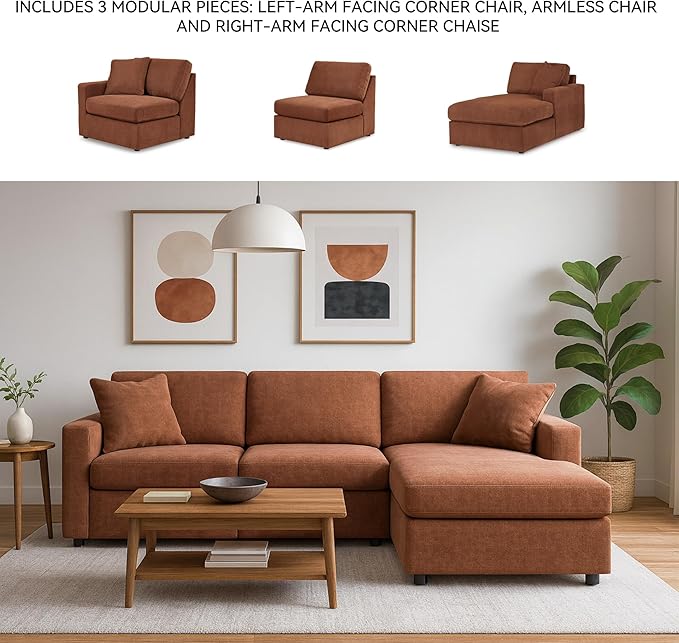 Signature Design by Ashley Modmax Urban L-Shaped Modular Stain Resistant 3-Piece Sectional with Chaise, Reversible Cushions and 2 Accent Pillows, Orange