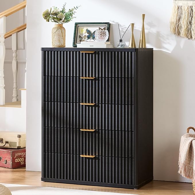 LEYAOYAO Fluted 5 Drawers Dresser for Bedroom, 41" Tall Modern Chest of Drawers with Metal Handle, Curved Profile Design,Black Wood Drawer Organizer for Bedroom, Living Room, Hallway, Entryway - Image 8
