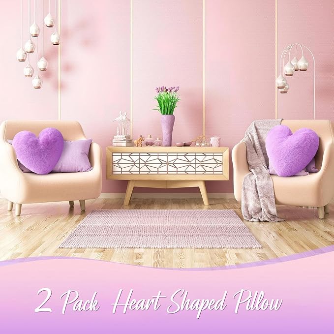 Marsui 2 Pcs Heart Throw Pillows, Soft Fluffy Faux Fur Decorative Hearts Shaped Pillows for Living Room Sofa Bed, Cute Heart Themed Gift for Women(Purple,11.81 x 11.02 Inch)