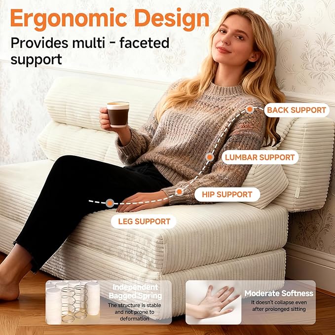 Convertible Sofa Bed, Folding Sofa Bed Couch, Pallout Floor Couch, Convertible Futon Chair Beds, Floor Teddy Sofa, Mini Couch for Bedroom, Love Seat Sleeper Beds(Beige White,51.1"×53.9"×23.6")
