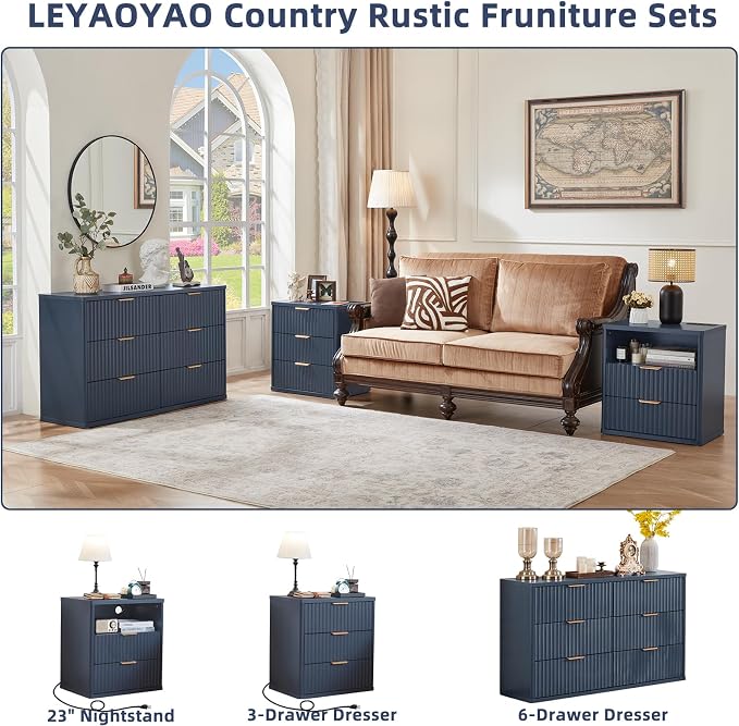 LEYAOYAO Fluted 6 Drawers Dresser for Bedroom, 48" Wide Modern Chest of Drawers with Metal Handle, Navy Blue Curved Profile Farmhouse Closet Organizer Wood Dressers TV Stand for Living Room, Hallway - Image 4