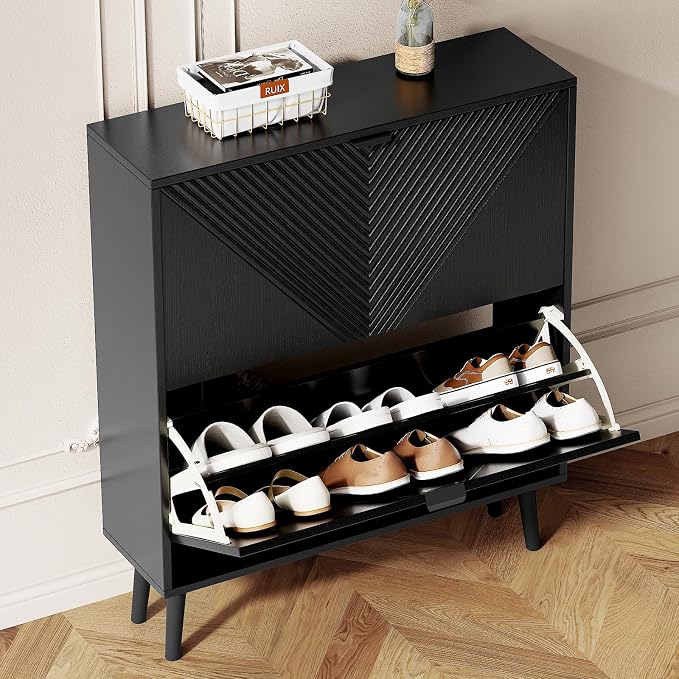 oakvivo Shoe Cabinet Storage, Farmhouse Freestanding Organizer with 2 Flip Drawers and 4 Wooden feet, Narrow Shoe Rack Cabinet for Entryway, Foyer, Hallway, Black - Image 8