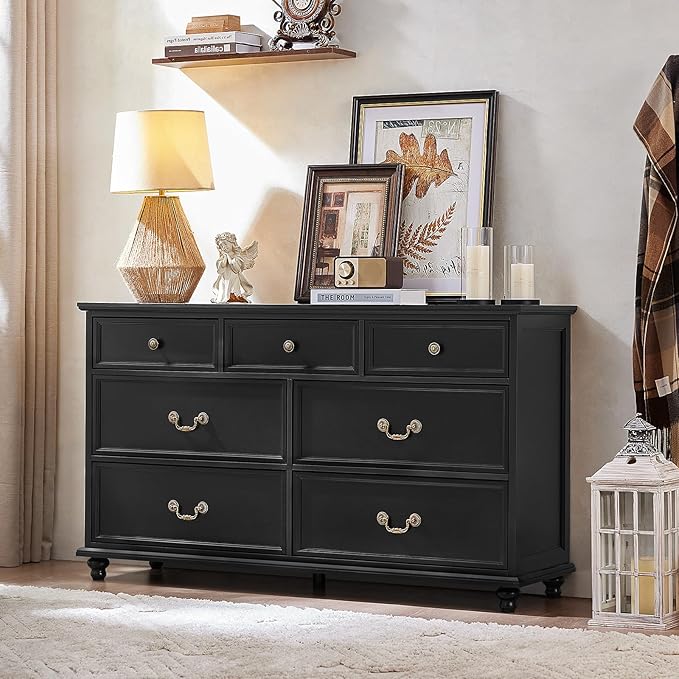 Joaxswe Farmhouse 7 Drawers Dresser Sets of 2 for Bedroom, Black 54 Inch Wide Chest of Drawers w/ 4 Wooden Legs, Large Vintage Rustic Closet Dressers for Living Room, Wood TV Stand - Image 2
